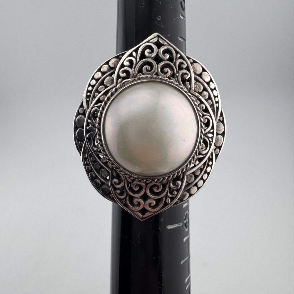 Ornate 925 Silver Statement Ring with Large Iridescent Pearl and Filigree Detail